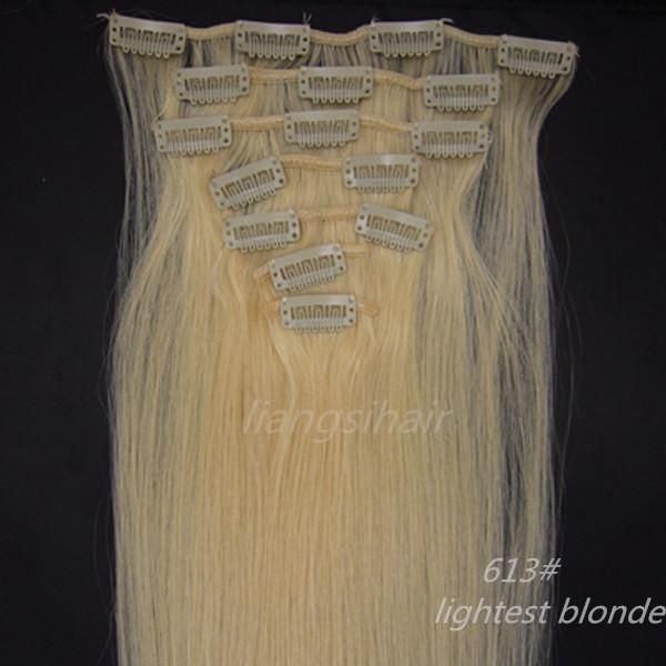 

15"-26" 7pcs 613# lightest blonde wholesale prices brazilian peruvian indian malaysian 100% virgin remy human hair clip in hair ex, Black;brown