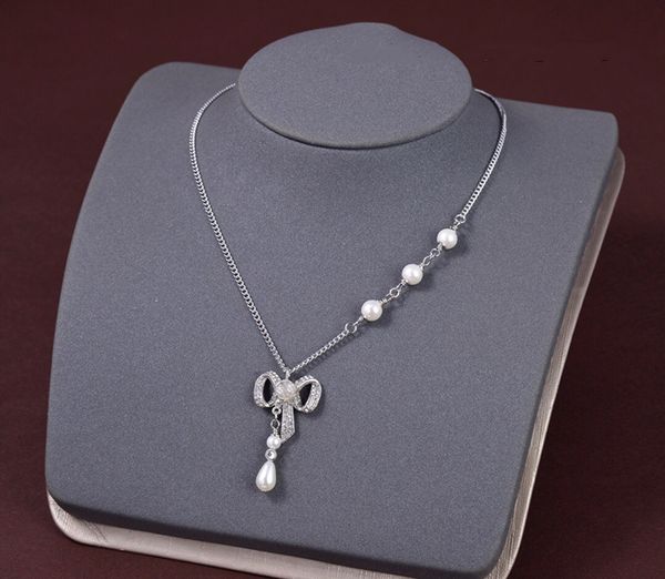 

fashion brand designe diamond silve bowknot pearl necklace for women wedding bridal dress party loversgift luxury jewelry for bride with box, Silver