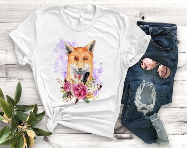 

fox flower flora print women tshirt cotton casual funny t shirt gift for lady yong girl tee pm 100, White