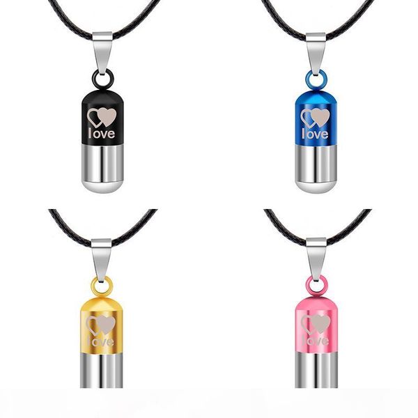 

couple pill titanium wishing bottle pendant hollow honey note necklace,wax rope fine oil perfume stainless steel bottle pendant necklace, Silver