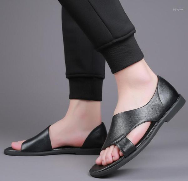 

summer genuine leather men's sandals handmade open-toed men slippers walking beach sandalias outdoor men soft roman sandals1, Black
