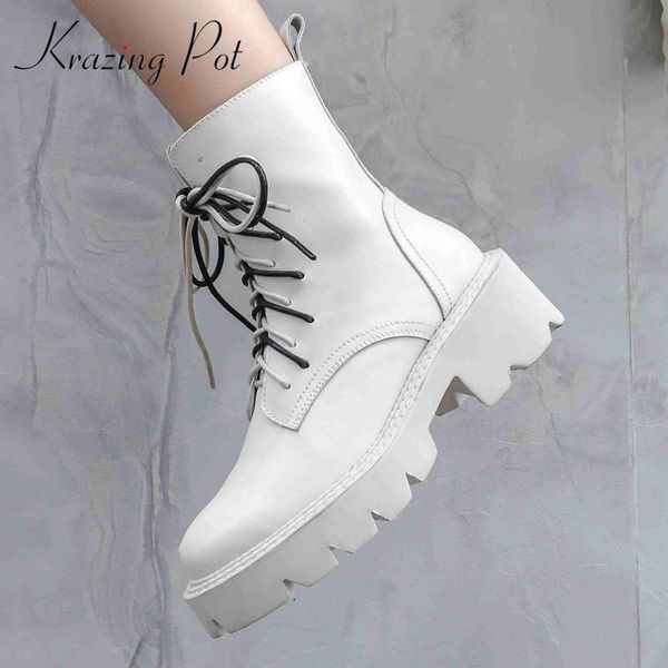 

krazing pot 2020 natural leather thick bottom platform high square heel round toe zipper handsome punk keep warm ankle boots l06, Black