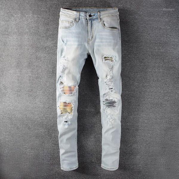 

fashion streetwear men jeans light blue destroyed slim fit ripped jeans men denim punk pants patchwork designer hip hop1