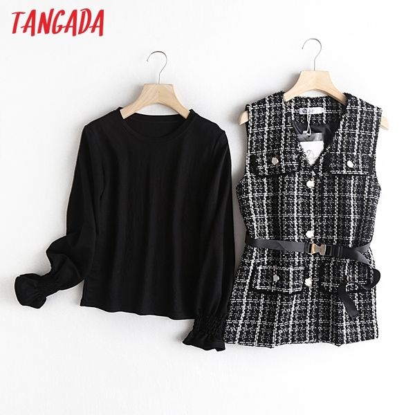 

tangada women's set shirt and tweed coats jacket with slash long sleeves pocket ladies elegant autumn coat wf5 201029, Black;brown