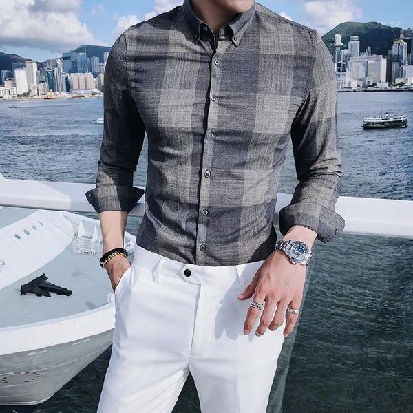 

gzdeerax plaid long sleeve mens shirts luxury casual party mens dress shirts camisa masculina fashion slim fit man1, White;black