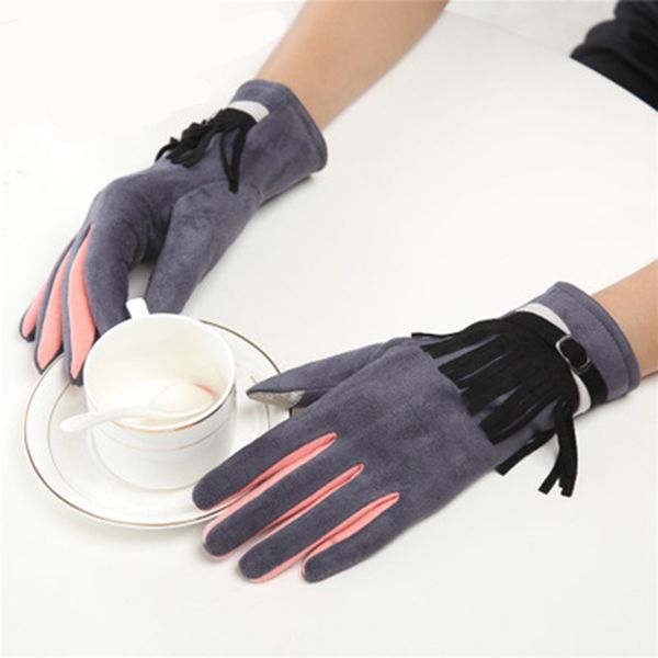 

new tassel hit color leather strip buckle fashion plus velvet warm gloves female autumn and winter windproof household d81, Blue;gray