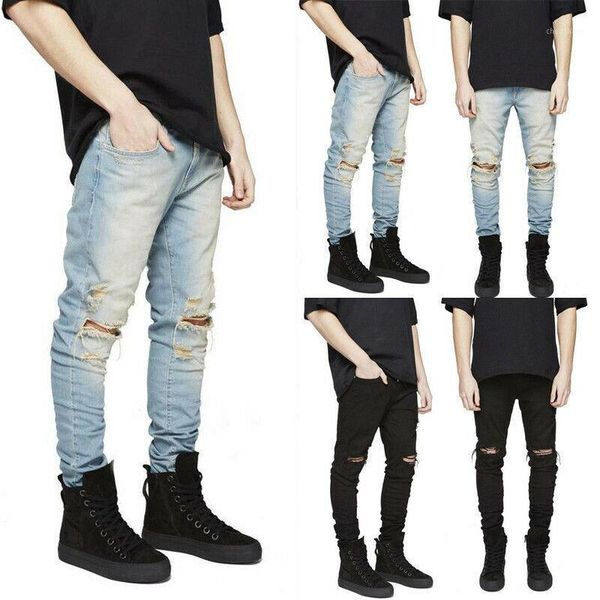 

men's jeans fashion mens bike ripped pant destroyed skinny slim fit pants denim men long trouser casual1, Blue