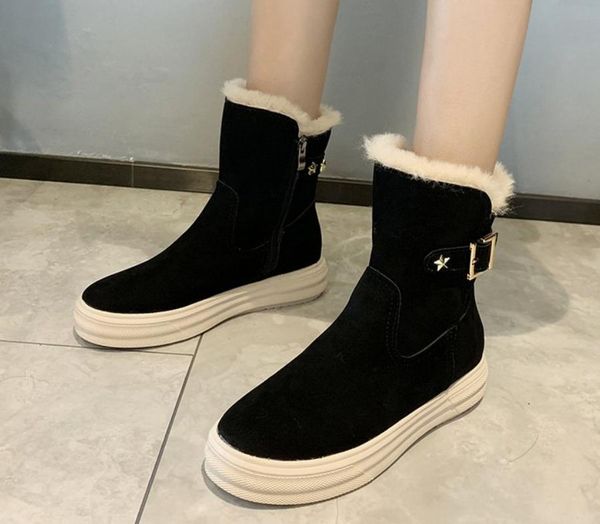 

женщины снега сапоги теплый короткий плюш шерсти зимы толстые ботинка платформы дамы замши zip обувь женский комфорт обувь, Black