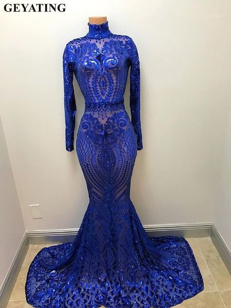 

bling silver sequin long sleeve mermaid royal blue prom dresses 2019 vestido de gala long graduation dress african evening gowns1, White;black