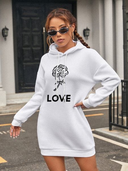 

letter & floral print drop shoulder drawstring hoodie 30og#, White;black