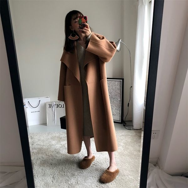 

new women wool long coat autumn winter cashmere side slit big turn-down collar warm coats camel black grey color lj201202