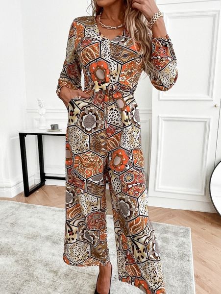 

patchwork print lantern sleeve belted wide leg jumpsuit w1zy#, White