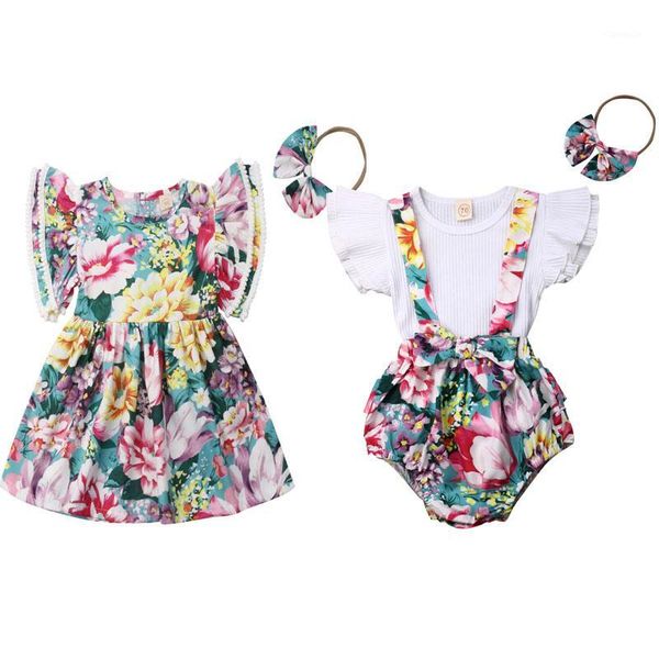 

family matching outfits 0-4y sisters clothes ruffle short sleeve +bib shorts+headband 3pcs set/flower dresses1, Blue