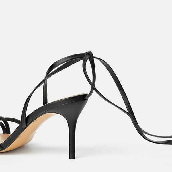 

dress shoes teahoo 2021 summer strap women sandals genuine leather ankle lace up roman lady heels, Black