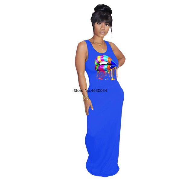 

summer women mouth print sleeveless long t-shirt maxi tank dress fashion vintage floor length tee slim dresses, Black;gray