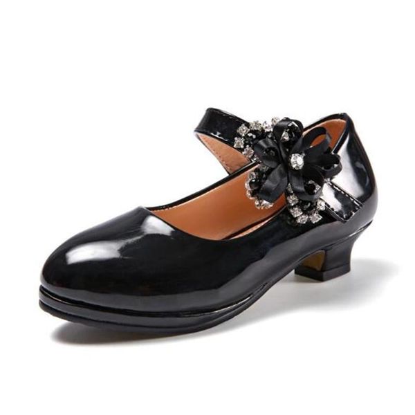 

новые дети производительность высокие каблуки девушки принцессы лакированной кожи цветка rhinestone детские малыш детские свободна обувь 03, Black