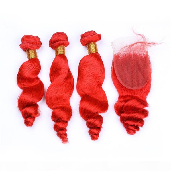 

red colored brazilian virgin human hair weaves loose wave with closure 3bundles bright red loose wavy hair wefts with 4x4 lace closure, Black