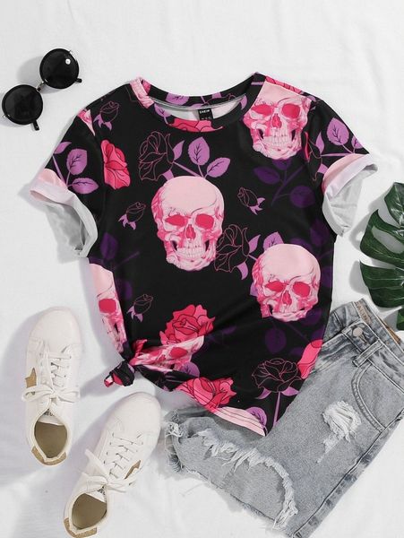

plus skeleton & floral print tee e4zg#, Black
