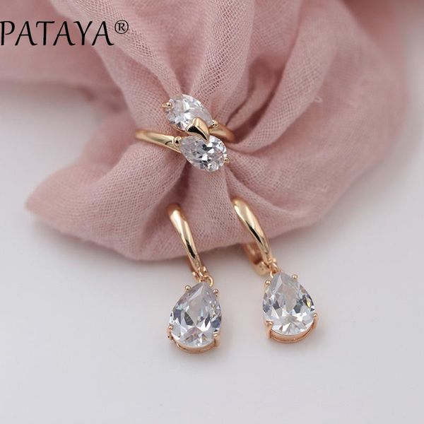 

pataya new white water drop natural zirconia earrings rings sets women 585 rose gold wedding party luxury jewelry set original, Silver