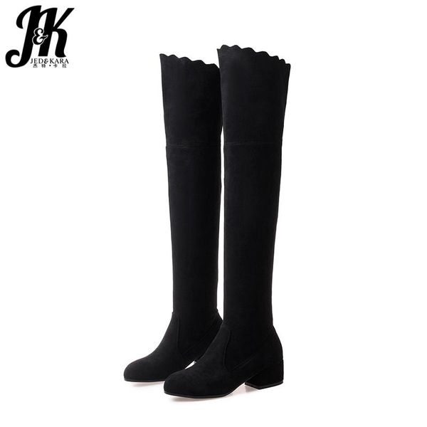 

jk over the knee women boots round toe thick heels footwear fur casual stretch female boot winter shoes women 2020 new, Black