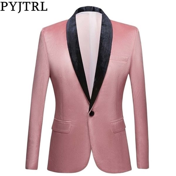 

pyjtrl men shawl lapel peach pink velvet slim fit blazers wedding groom prom dress tuxdudo coat hombre plus size suit jacket 201104, White;black