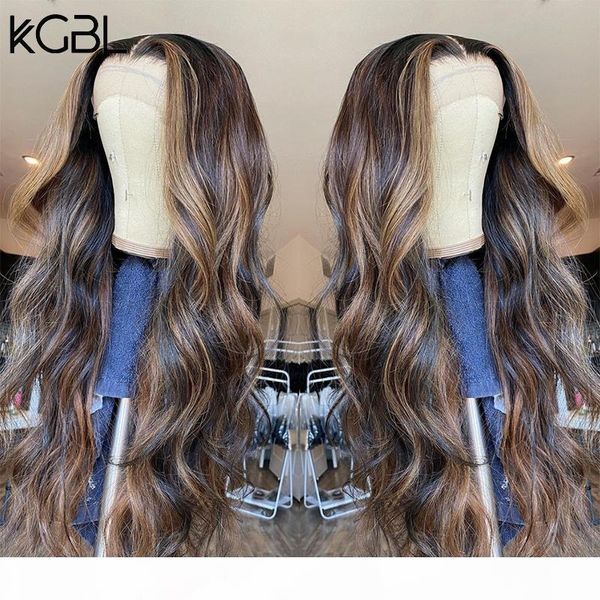 

kgbl highlight t-part wavy lace front human hair wigs 8-24'' brazilian with baby hair 150% density non-remy wigs medium ratio, Black;brown