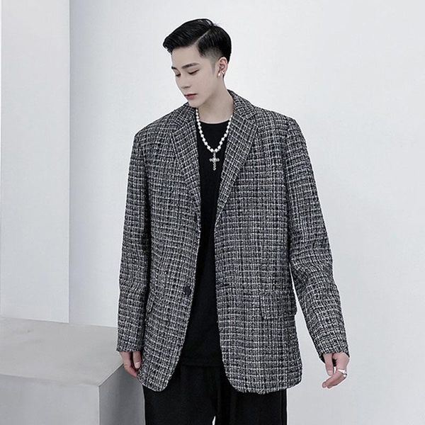 

male streetwear vintage fashion suit jacket outerwear men knitted bright silk weave loose casual suit blazers coat, White;black