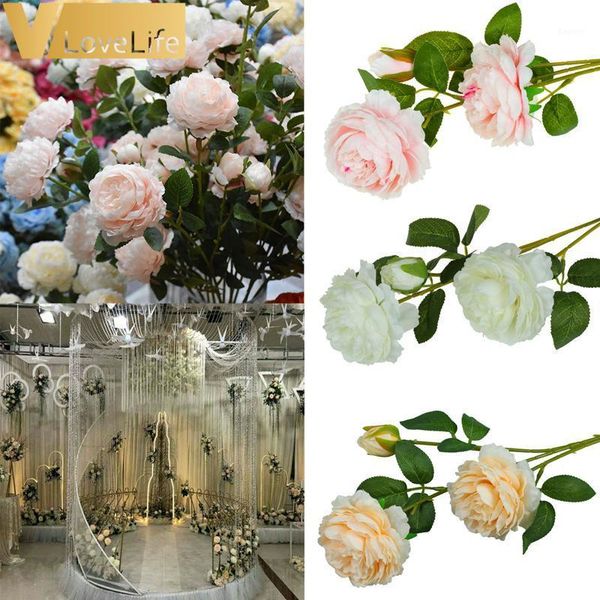 

rose artificial flowers 3 heads ivory peonies silk flowers pink champage fake flower wedding decor for home peony bouquet1