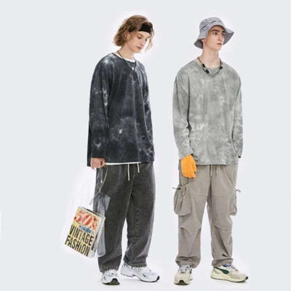 

2020 autumn and winter men's european and american tie-dye casual round neck long sleeve t-shirt1, White;black