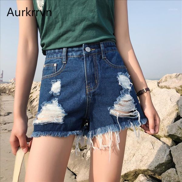 

women's jeans aurkrrvn summer denim shorts for women blue ripped hole fringe fashion straight casual mini woman female denim1