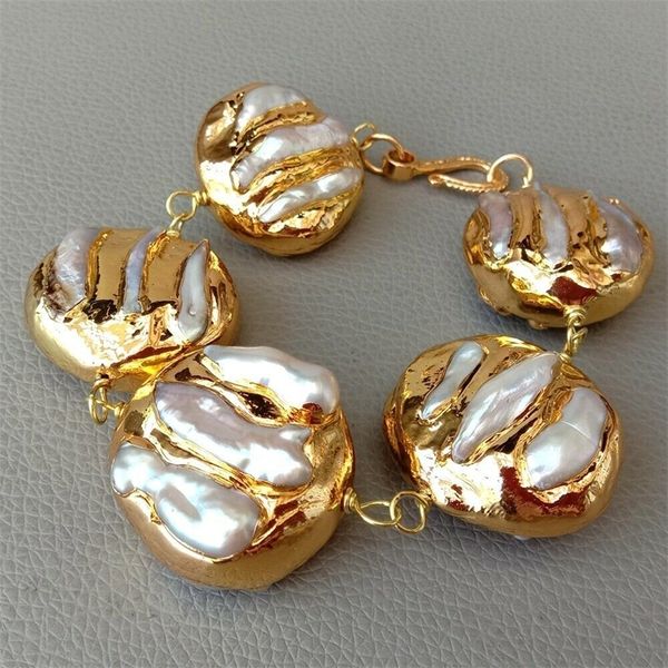 

8.5" white keshi pearl yellow golden plated bracelet y200730, Black