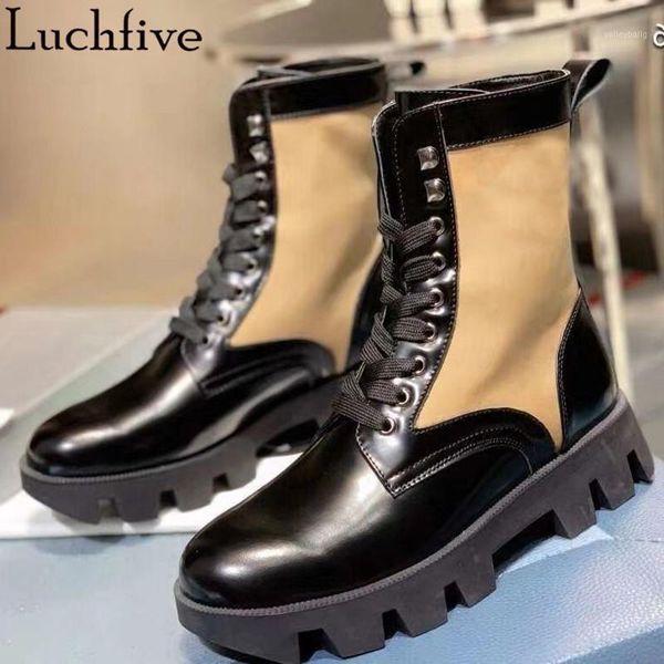 

patchwork genuine leather ankle boots round toe ladies shoes thick sole shoes woman lace up women boots1, Black