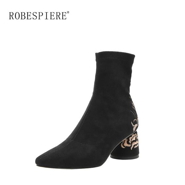 

robespiere new pointed toe mid calf boots soft black flock embroider shoes woman fashion round heels large size lady boots b73
