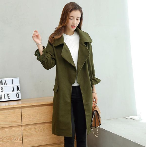 

autumn and winter new pattern woolen loose coat woman self-cultivation long solid color long sleeve chalaza wool overcoat, Black