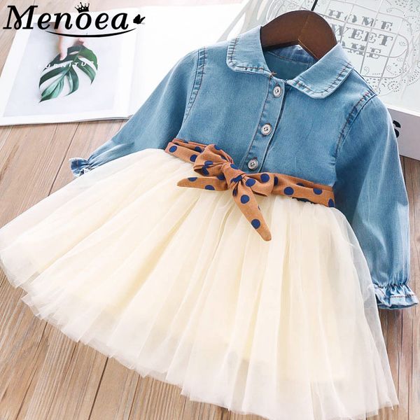 

menoea girls summer clothes 2020 spring style kids long-sleeve dots bow haze blue mesh dress children for kids princess dress y200623, White