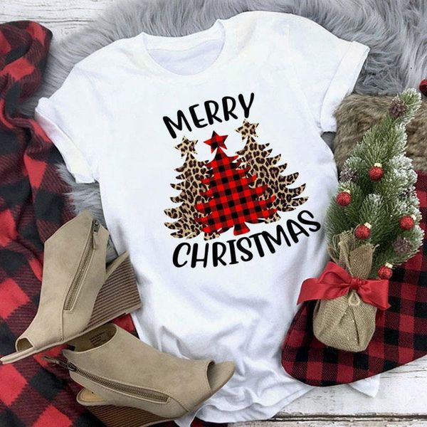 

merry christmas t shirt fashion women t shirt leopard plaid tree new year tshirt xmas tee graphic t shirt female tees, White