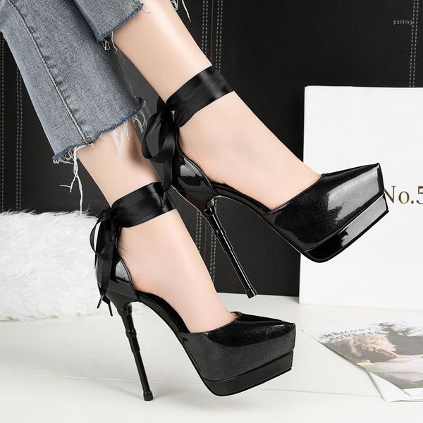 

europe and the united states strap high-heeled stiletto shoes shallow mouth patent leather single shoes nightclub women's1, Black