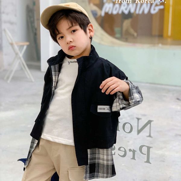 

fake 2021 spring new boys' two piece plaid stitched children's cardigan et fashion, Black
