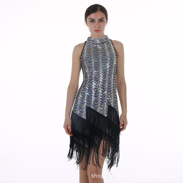 

new small show sequined fringed high collar dress, Black;gray