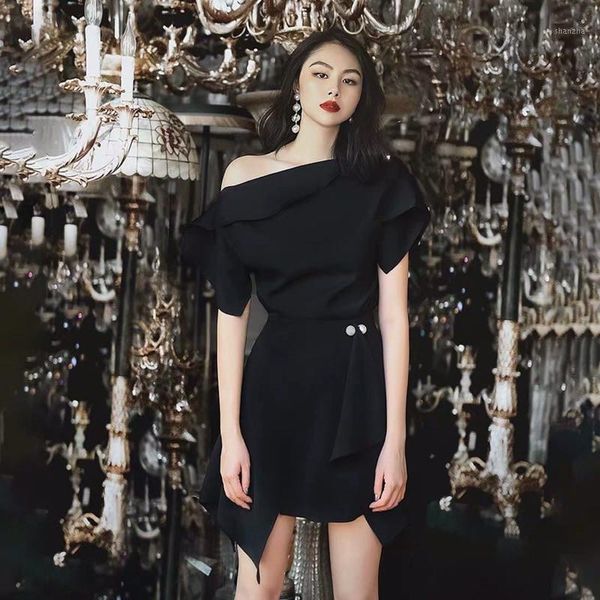 

elegant blach blouse and irregular mini skirt two piece suit set high street women one shoulder party skirts work outfits1, White;black