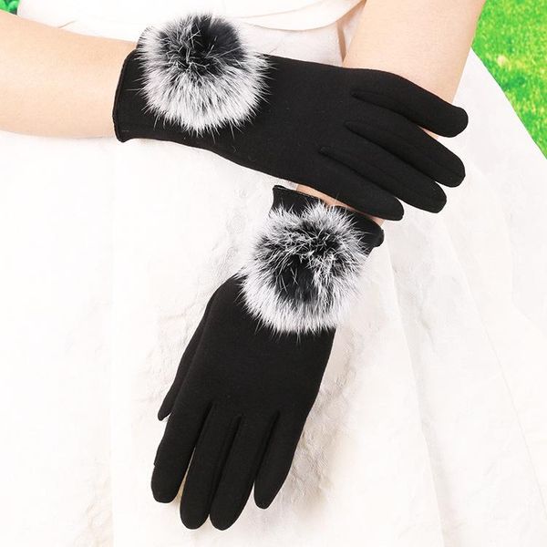 

five fingers gloves winter warm wholesale ladies fur ball non-pour fleece plus touch screen, Blue;gray