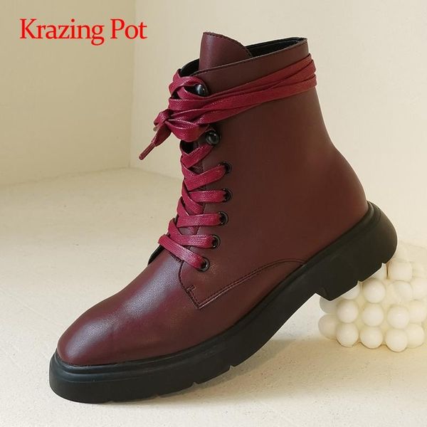 

krazing pot motorcycle boots real leather cross-tied waterproof round toe med heel lace up young girls handsome ankle boots l05, Black