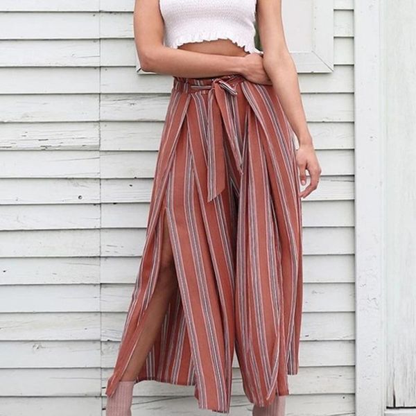 

paris girl split striped lady wide leg pant women summer beach high waist trousers chic streetwear sash casual pant caprisfemale1, Black;white