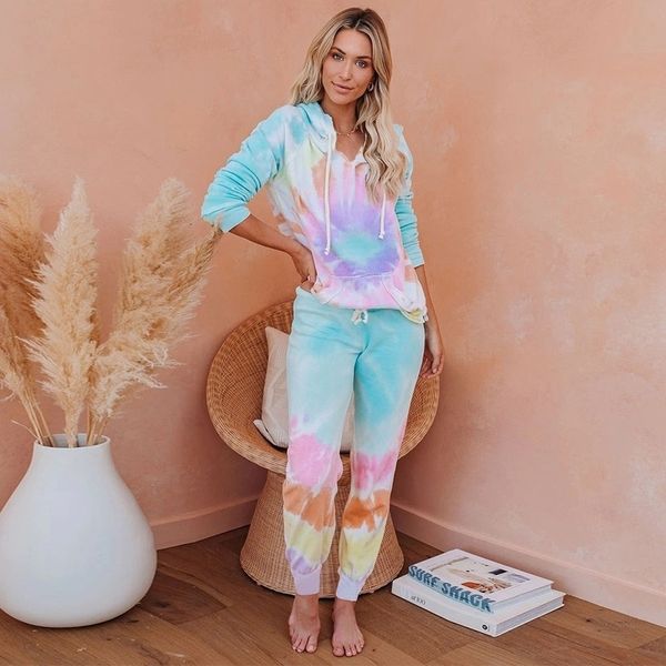 

2021 tie dye group female training 2 piece oversize streetwear hoodie autumn new pair of sports pants 8zp8, White