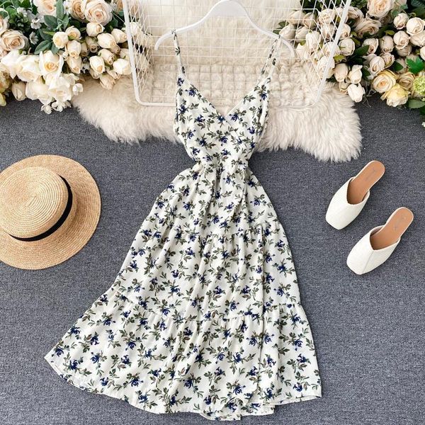 

summer dress print floral vintage beach style women dresses v neck high waist 2021 korean fashion vestidos, Black;gray