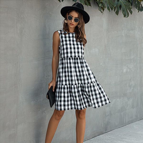 

2020 women plaid dress classic black white plaid dresses women sleeveless summer dress red yellow blue fashion plaid dress, Black;gray
