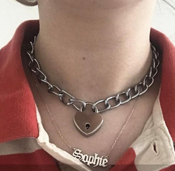 

chokers punk heart shape lock key silver color metal pendant necklace for women hip hop harajuku choker gifts trendy jewelry, Golden;silver