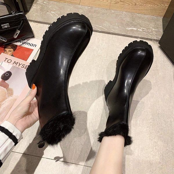 

winter boots lady rock shoes woman low heels booties round toe booties ladies boots-women 2020 mid calf rubber autumn, Black