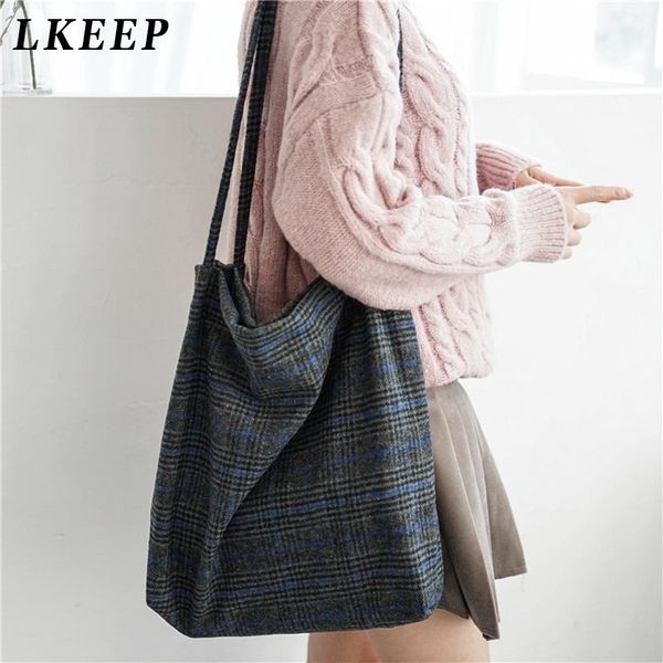 

2020 autumn & winter women woolen canvas shoulder bag ladies vintage plaid handbag totes female wool cloth shopping bags