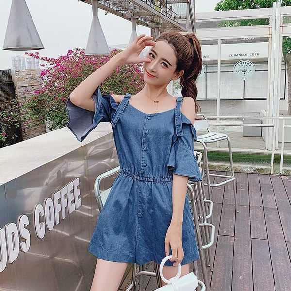 

summer thin ruffles sleeve short jeans romper playsuit for women denim jumpsuit jeans women off shoulder denim short jumpsuits1, Black;white